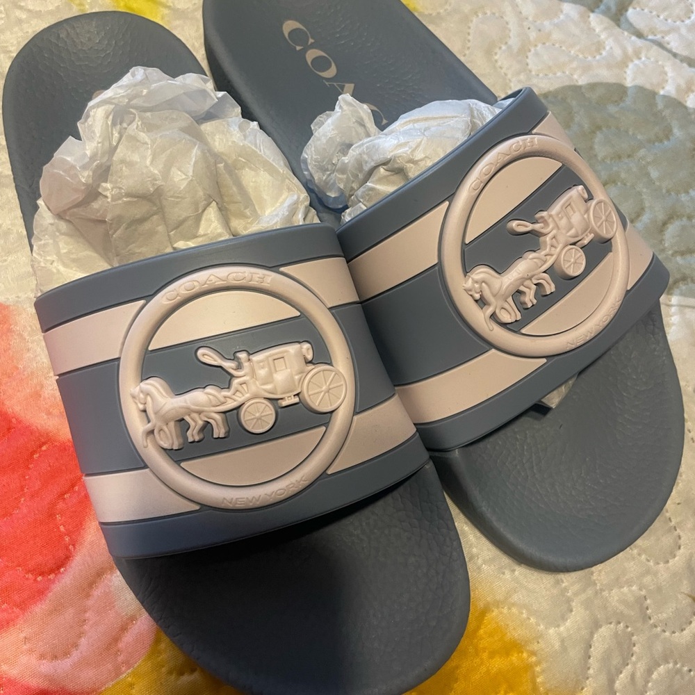 Coach Navy & Cream Logo Slide Sandals